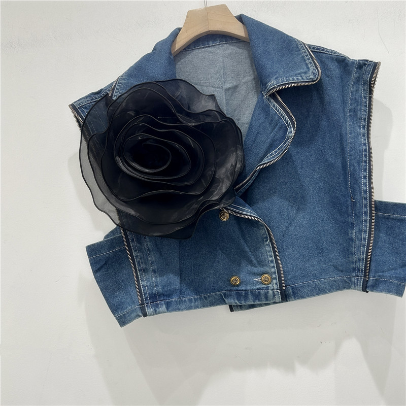 Verano nuevo estilo elegante flor tridimensional diseño personalidad hombro ancho chaleco vaquero pequeño chaqueta de caballo abrazadera chaqueta mujer