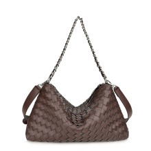 跨境新款时尚真皮包高级感手工编织银链条大容量包肩斜挎包女男包