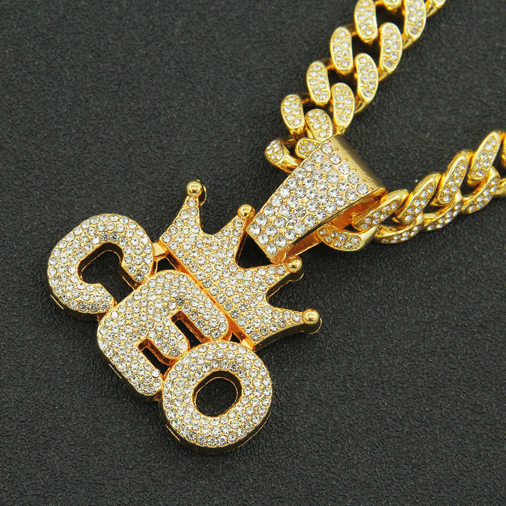 European and American hip hop full diamond crown ceo letter pendant Cuban menu0027s necklace