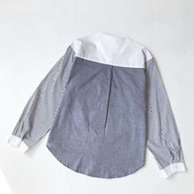 货号25A1314早春新款日系拼接竖条弧摆圆领休闲长袖衬衣衬衫