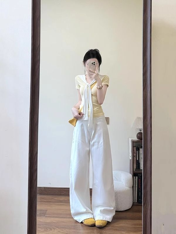 高品質の優しい黄色のフェイクツーピースVネックショールレースアップ半袖Tシャツレディーススリムフィットショートショルダートップ|undefined