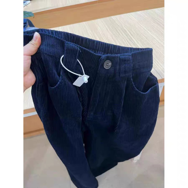 Vintage Navy Blue Corduroy Wide-Leg Pants for Women, High-Waisted, Slimming, Versatile Harem Pants, Straight-Leg, Elastic Waist, Long Pants for Winter