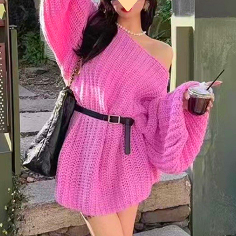 Pure Lust Hot Girl Knitted Knitwear for Women Korean Spring New Candy Color One-Shoulder Loose Belt Mid-Length Knitwear