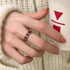 復古酒紅色花朵戒指女2023年新款潮小眾設計感素圈簡約百搭食指戒