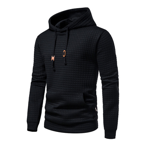 Amazon Grid Quilted Cotton Fabric Exports European Size Checkered Men's Casual Hooded Crew Neck Embroidered Large Size Long Sleeve Sweatshirt