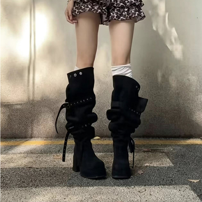 2026 Fall/Winter Wide-Calf High-Heeled Western Boots with Buckle Strap, Chunky Heel, Square Toe, Suede Long Boots 2026 Fall/Winter Wide-Calf High-Heeled Western Boots with Buckle Strap, Chunky Heel, Square Toe, Suede Long Boots