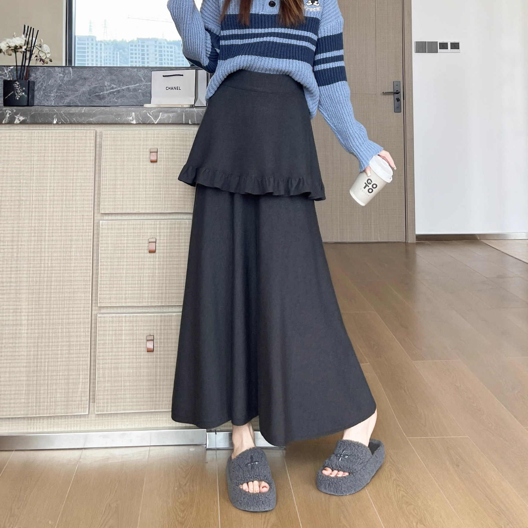 Soft and Waxy Design Double-Layer Knitted Skirt for Women in Autumn and Winter Fashionable High-Waist Slim Woolen Skirt with Large Hem A-Line Umbrella Skirt