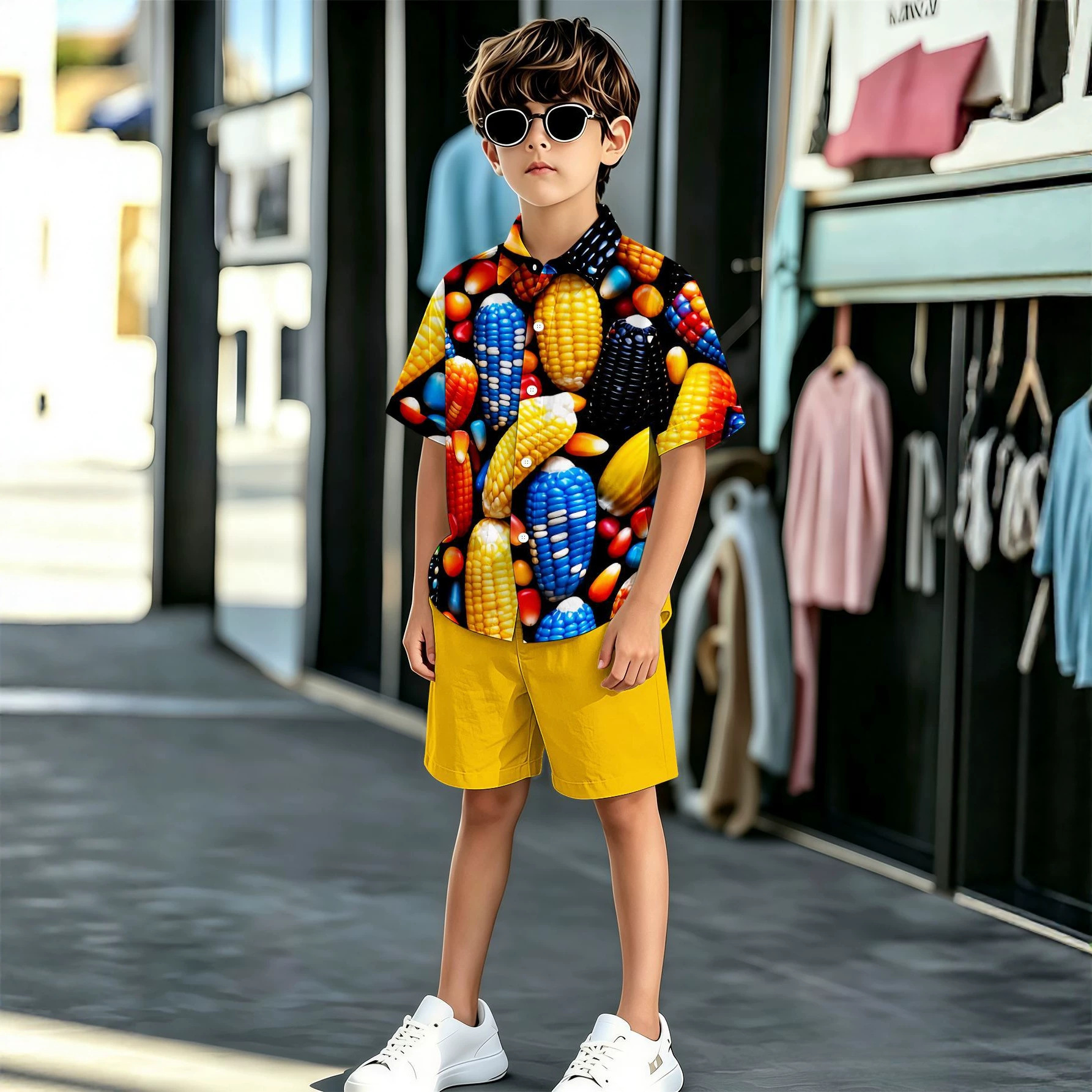 Neue europäisch-amerikanische Styles: Jungenhemd und Shorts-Set mit 3D-Druck und Pflanzenblumenmuster_voghion.com