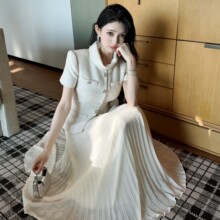 2025年秋冬新款毛呢拼接雪纺百褶长款连衣裙子气质修身短袖小洋装