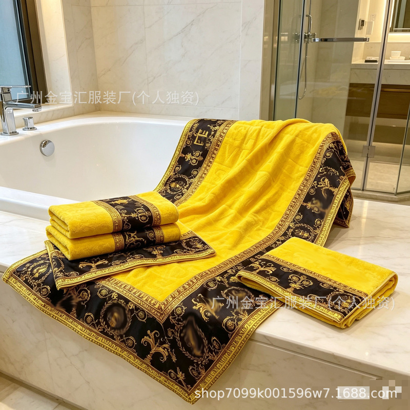 Pure cotton jacquard bath towel three-piece set, hotel-grade absorbent and quick-drying towel set, European-style luxury bath towel