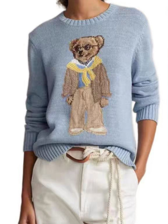 Cross-border high-quality pony hair sweater, autumn and winter classic embroidered bear round-neck casual commuter style knitwear wholesale