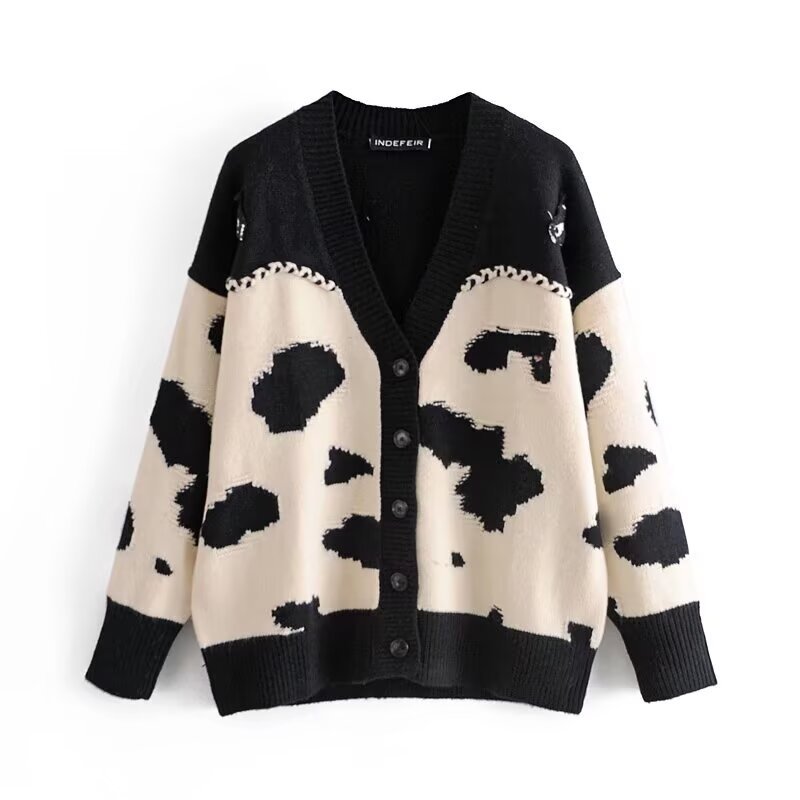 Giacca in maglia con stampa animalier e scollo a V semplice da donna autunno/inverno 2024_voghion.com