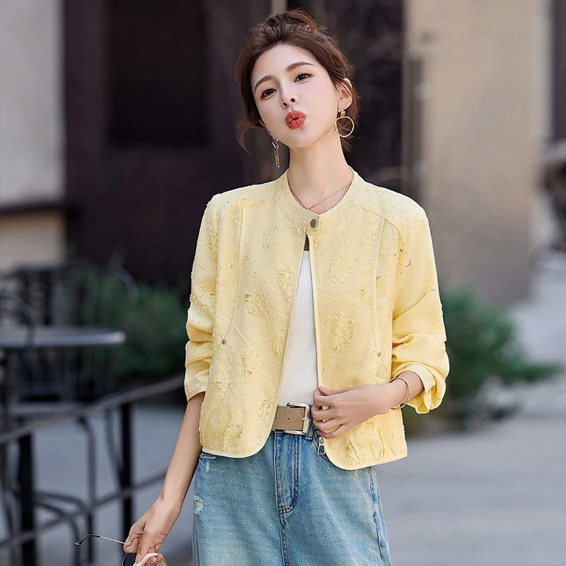 2026 Spring New Style Cream Yellow Jacquard Short Jacket for Women, French Style Versatile Stand Collar, Gentle and Complexion-Enhancing Casual Jacket