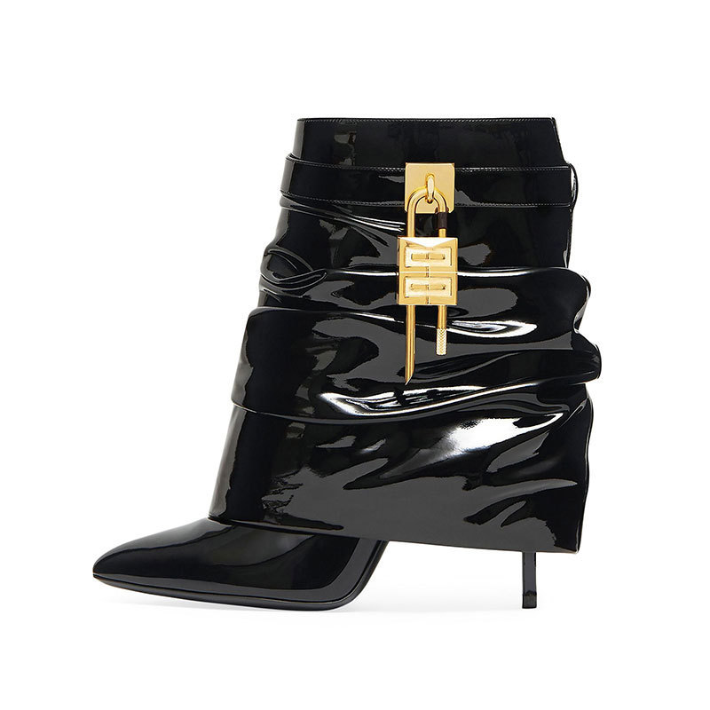Europe and the United States foreign trade autumn and winter new large tube around the lock buckle pointed short tube women's boots real leather boots metal nude boots thin high heel boots
