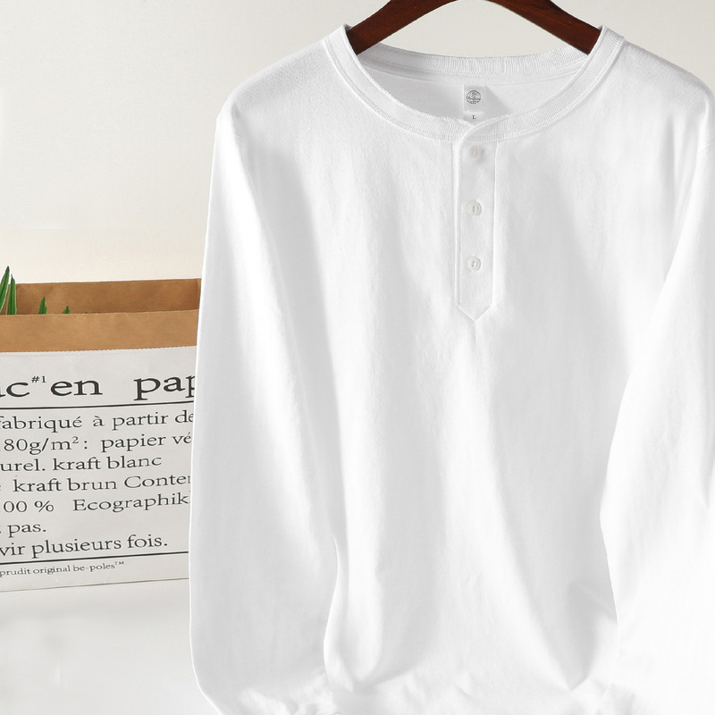 250g Heavy Henry Collar Long Sleeve T-shirt Retro Pure Cotton Loose Simple Basic White Base Shirt for Men and Women
