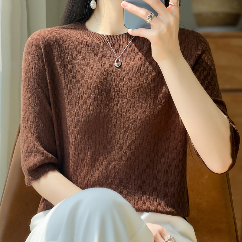 2024 New Summer Worsted Wool Bottoming Shirt One-Line Ready-To-Wear Lace Short-Sleeved T-Shirt Half-Sleeved Checkered Knitwear