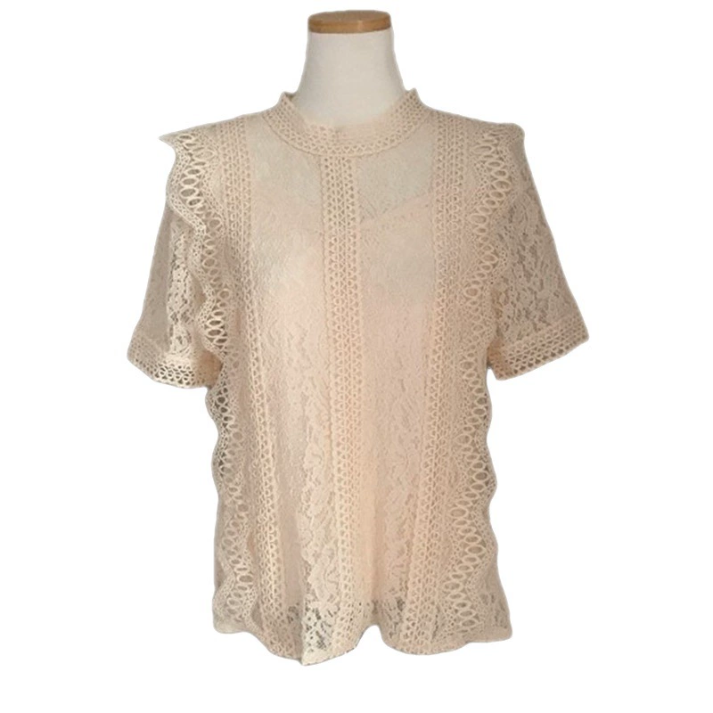 Lace summer solid shirt with a round collar, oversize, western style