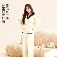 A类半边绒V领套头睡衣女秋冬季保暖撞色半边绒家居服居家套装