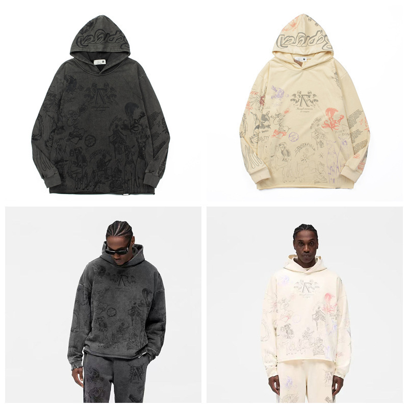 European and American Hip-Hop Represent Big R Graffiti Character Print Washed Vintage Hooded Sweatshirt Wholesale in Guangzhou