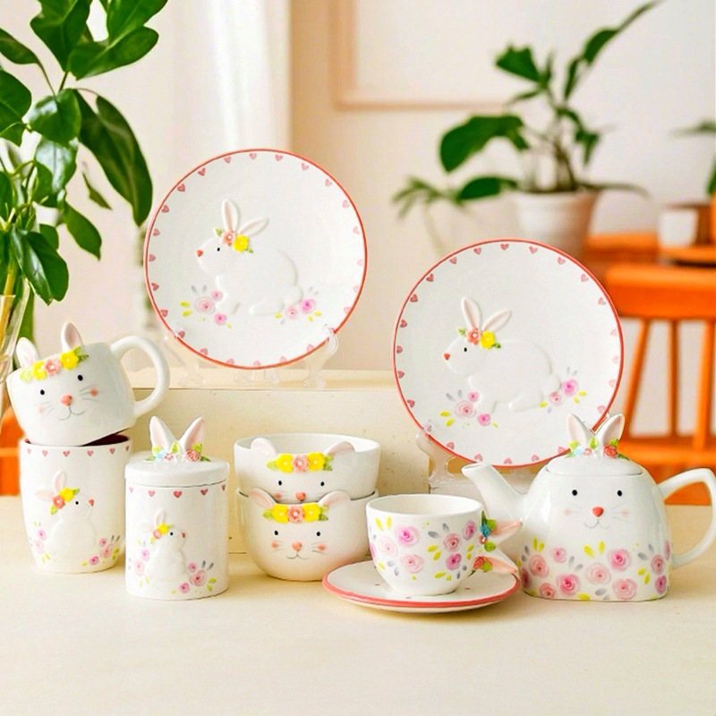 Juego de platos y tazón con diseño floral de conejo de Pascua para uso doméstico, linda y fresca combinación de tazón y plato de cerámica, juego de vajilla nórdica.