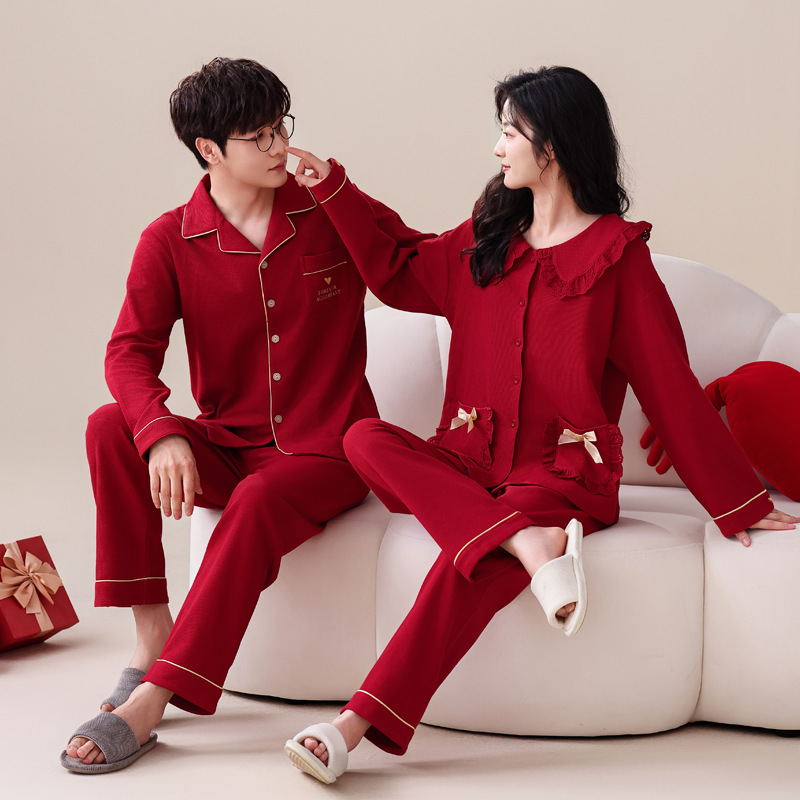 커플 잠옷 여성의 봄과 가을 순면 붉은 결혼식 신부 결혼식 남자 홈 옷 간단한 세트 생활 년
