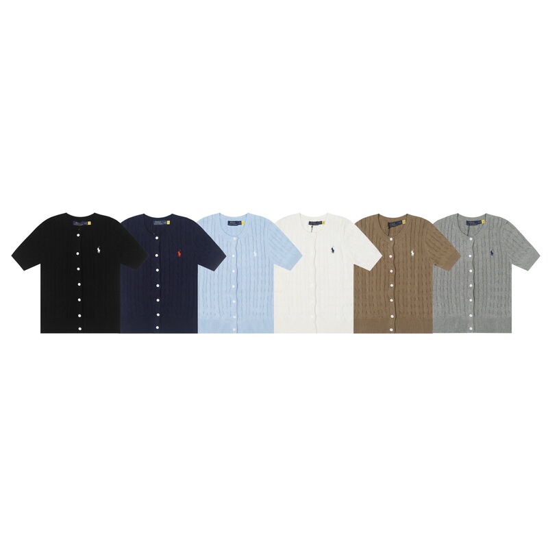 Rl Ralph Lauren Pony Logo Embroidered Polo Short-Sleeve Knit Shirt with Simple Cable Knit Cardigan and T-Shirt Top