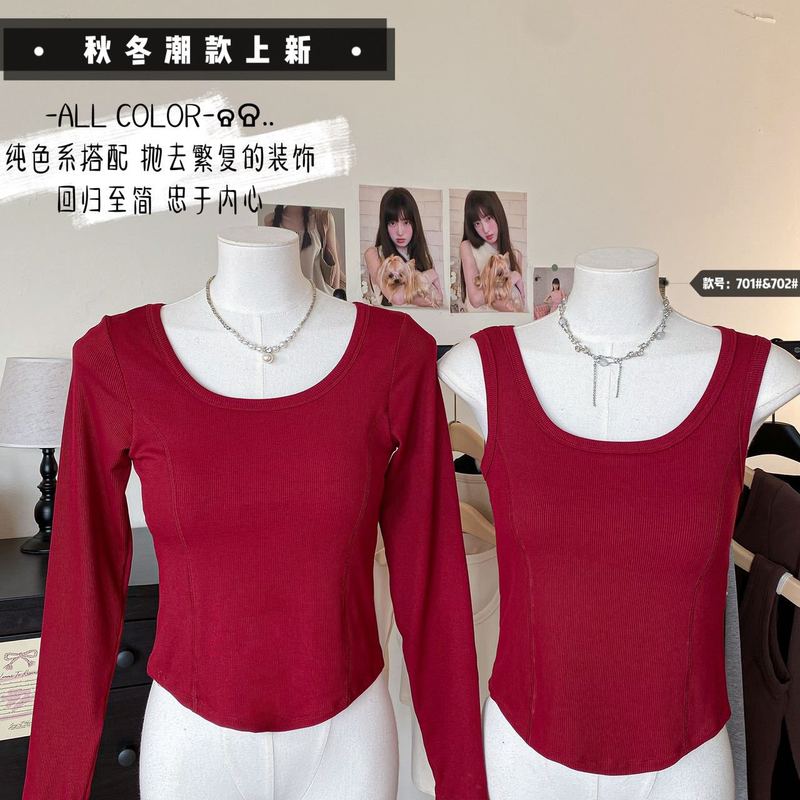 秋冬圆领打底衫女长袖上衣修身带胸垫磨毛螺纹防走光保暖背心|undefined
