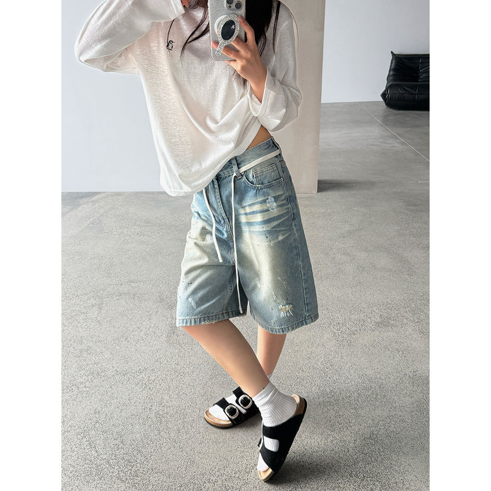 【王琪芝】 泼墨渐变阔腿牛仔中裤女夏直筒宽松显瘦宽松短裤WQ195