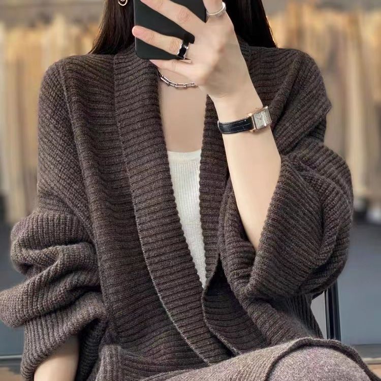 法式翻领中长款开衫外套女2025秋冬季新款上衣温柔慵懒风针织毛衣|undefined