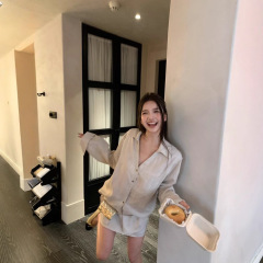 老钱风亚麻套装慵懒宽松气质v领长袖衬衫女夏季高腰半身裙两件套