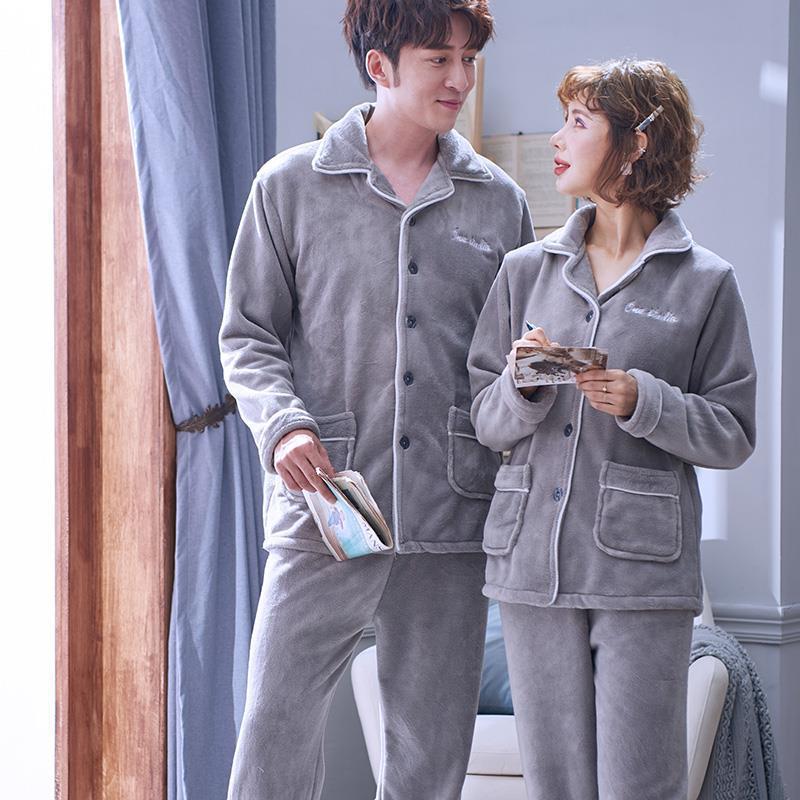 Pareja de otoño e invierno pijamas de terciopelo coral para hombre, traje grueso de manga larga, franela cálida, servicio a domicilio de primavera y otoño nuevo