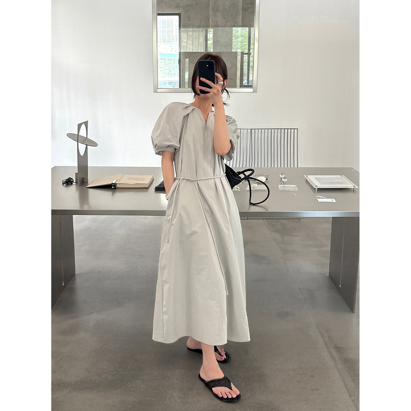 Tg Light French-Style Vacation Puff-Sleeved Small V-Neck Tie Cotton-Feel Gentle Dress 2026 Summer Long Dress 26678