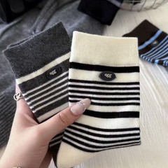 咸系条纹韩系egg扣子ins堆堆中筒女袜秋冬美拉德配色棉袜女袜子