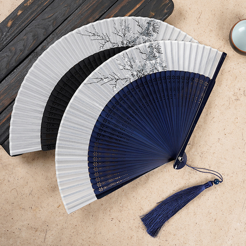 7-inch Antique Folding Fan Bamboo Hollow Fan Hanfu Ancient Costume Retro Crafts Bamboo Fan Tassel Fixed