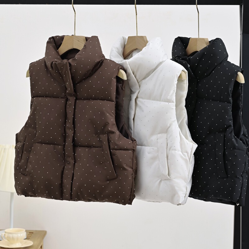Cotton Vest for Women 2026 Autumn and Winter New European and American Style Rhinestone Sleeveless Cotton Jacket Vest Cotton Waistcoat Stand Collar Short Vest Cotton Vest for Women 2026 Autumn and Winter New European and American Style Rhinestone Sleeveless Cotton Jacket Vest Cotton Waistcoat Stand Collar Short Vest