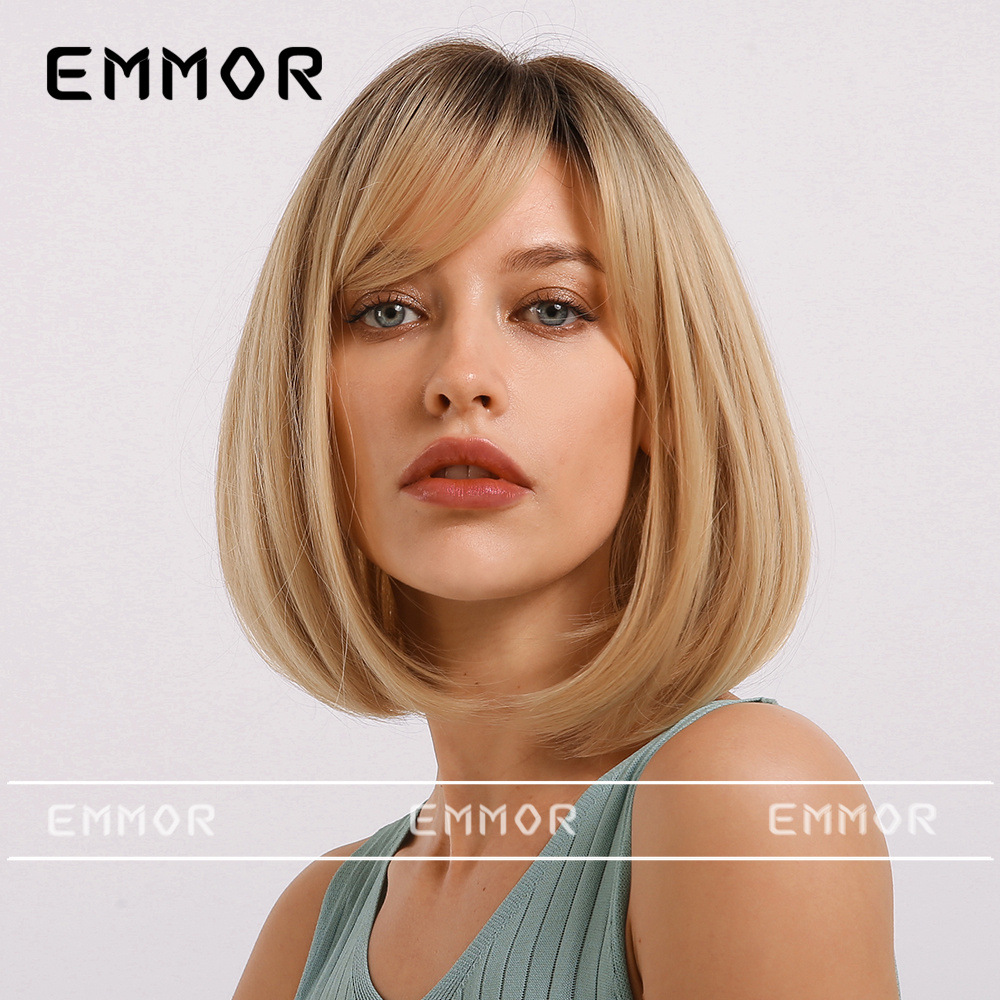 Peluca Emmor para Mujer con Flequillo, Estilo BOB, Exportación a Amazon, Peluca de Fibra Sintética Dorada Degradada, Cabello Corto