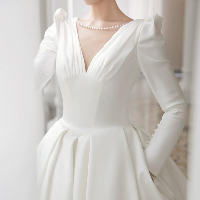 Wedding dress, white spring long-sleeve, french style, lace dress