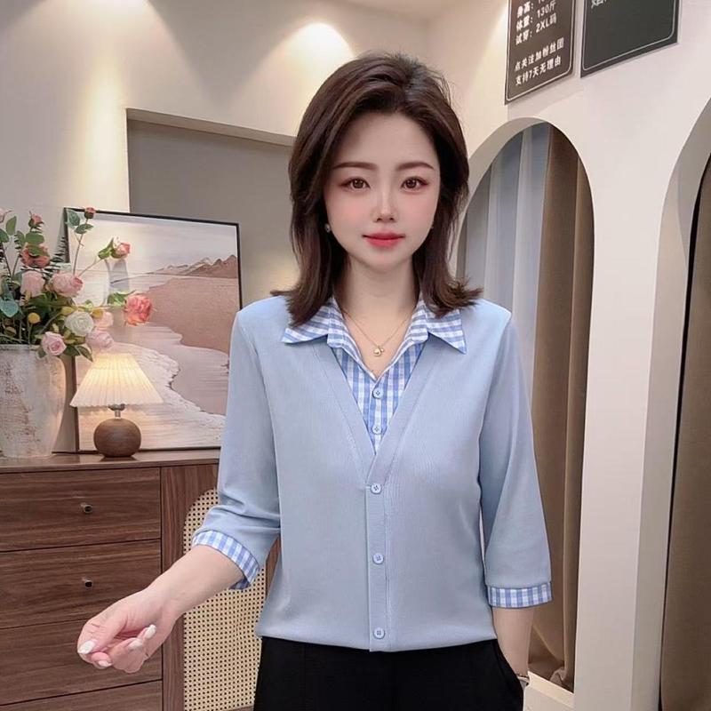 2025翻领减龄百搭春夏新款女装衬衫显瘦拼接格子领假两件女士上衣|undefined