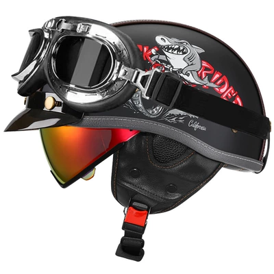Motosiklet kaskı (dəbilqə) – Half Helmet Electric Motorcycle Helmet Japanese - yahei-shark-bully-aurora-red-mirror-silver-frame-mirror-m