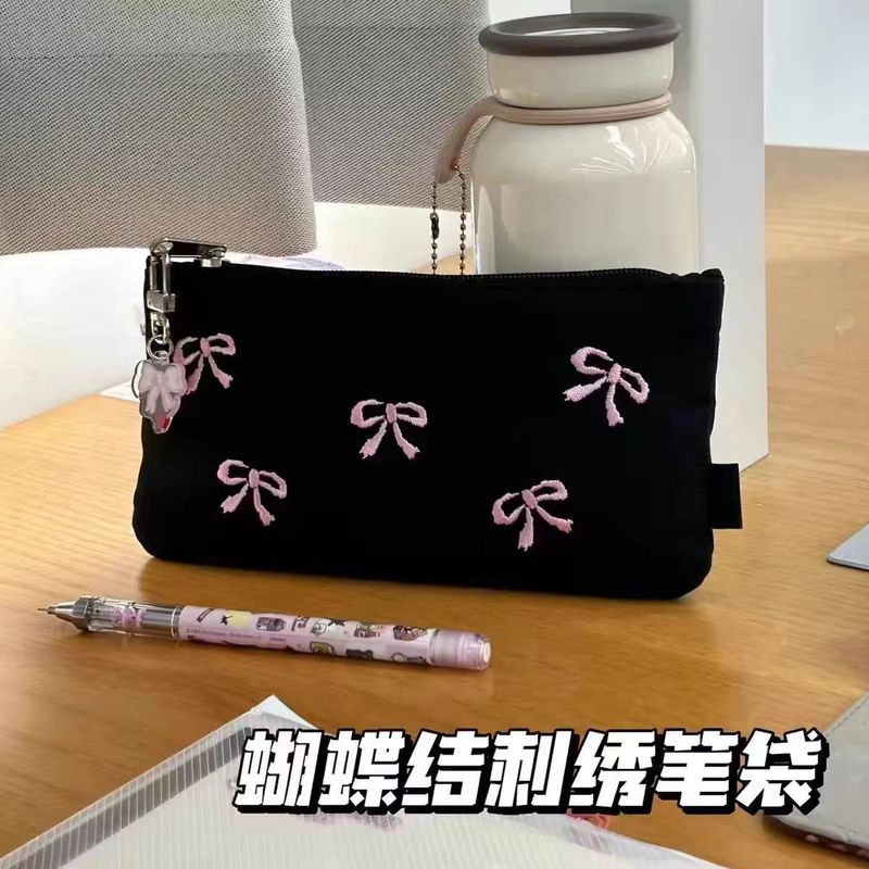 黒のリボン刺繍鉛筆バッグニッチ学生文具収納ガーリーシンプルイン大容量筆箱|undefined
