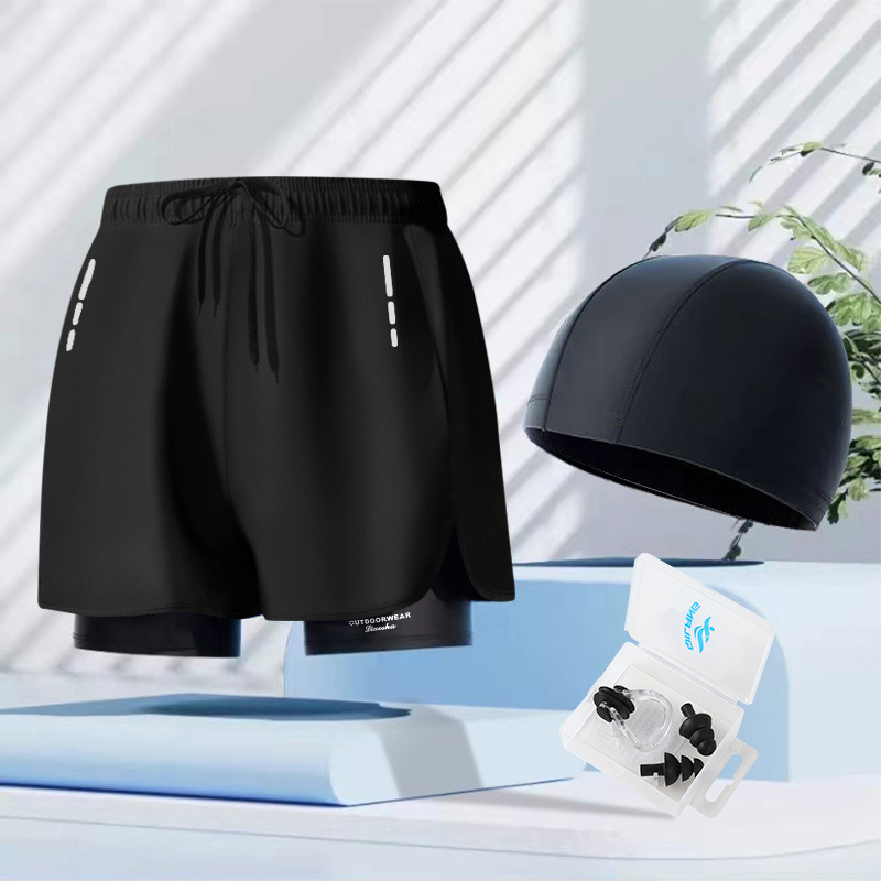 Black trousers, swimming cap, nose clip, earplugs