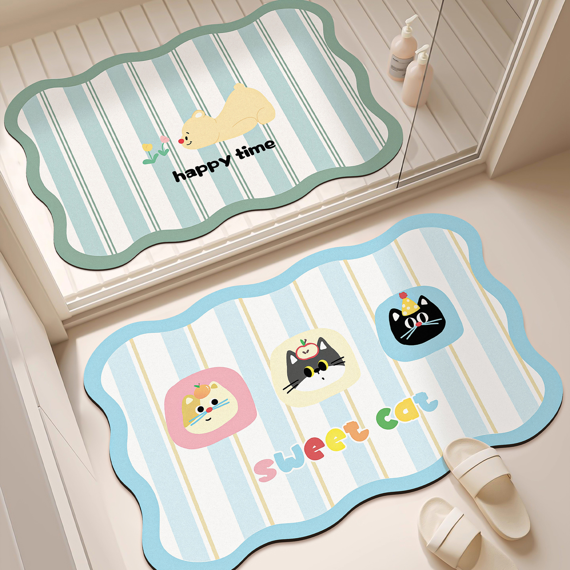 Círculos de dibujos animados piso de baño de algas alfombra absorbente de agua inodoro puerta de inodoro antideslizante alfombra de secado rápido alfombra de baño
