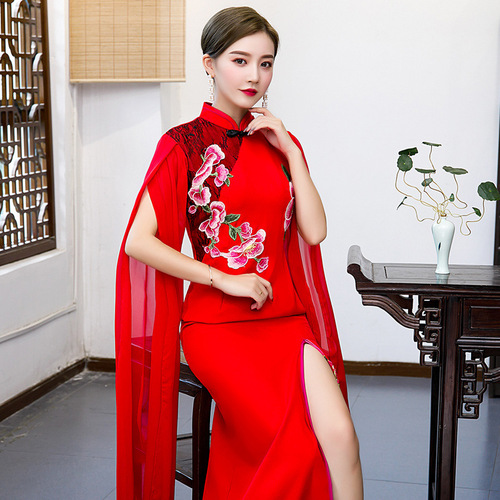 Women Chinese dresses retro singers host Cheongsam dresses stage leader performs miss etiquette cheongsam red fishtail dresses