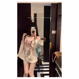 【自家工厂现货】微透薄款印花长袖女T恤新款蕾丝系带防晒罩衫ins