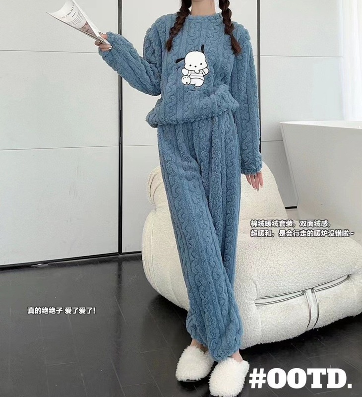 秋冬季珊瑚绒睡衣套装女加绒加厚家居服时尚可外穿法兰绒开衫睡袍|undefined
