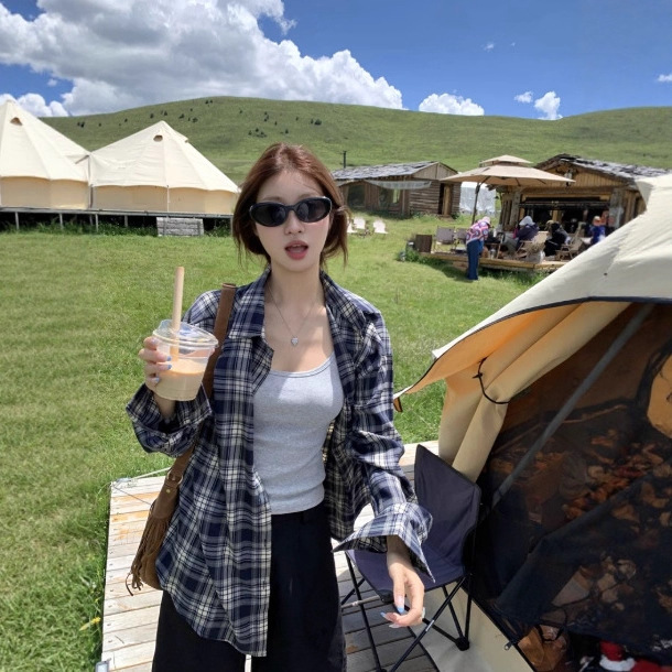 Korean Blue Plaid Shirt Jacket for Women Early Autumn New Style College Style Loose and Versatile Layered Base Jacket Korean Blue Plaid Shirt Jacket for Women Early Autumn New Style College Style Loose and Versatile Layered Base Jacket