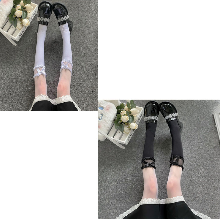 검은 나비 레이스 송아지 양말 1켤레 + 흰색 1켤레 [2켤레 팩]