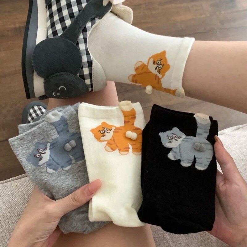 卡通立体叮当猫猫咪蛋蛋袜子中筒袜女可爱搞怪猫咪ins日系长袜女|undefined