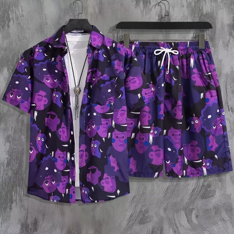 Ensemble chemise et short de plage hawaïen – Tenue décontractée florale pour homme/couple tropical (M-3XL) – Vêtements de vacances d'été légers et respirants_voghion.com
