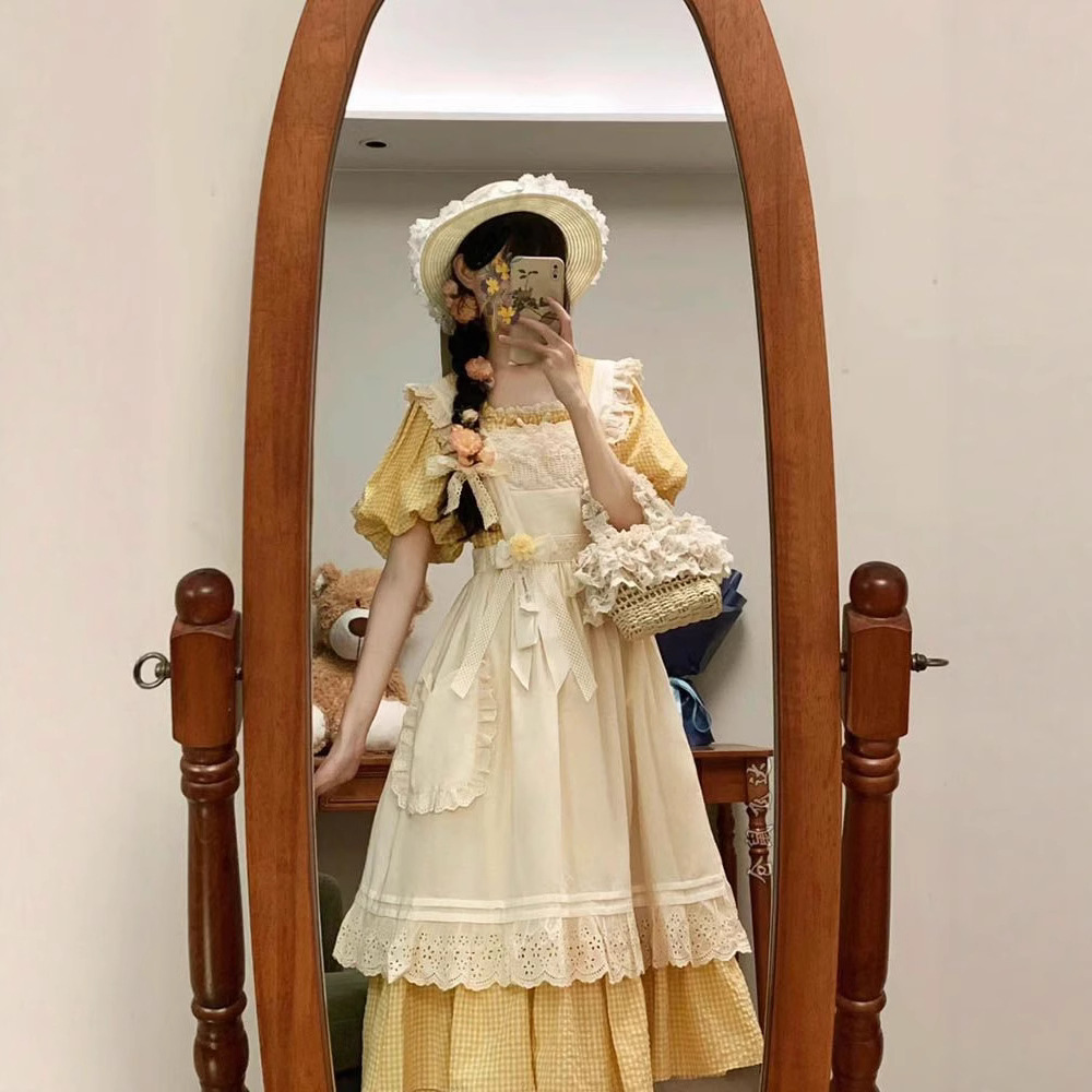 Lolita Belle Princess Dress Summer New Lolita Elegant Slim Plaid Long Skirt Layered Overskirt Two-Piece Set